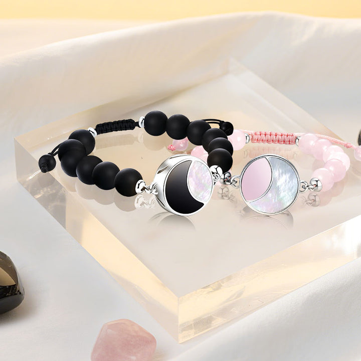 Mondschein-Glanz Touch-Armbänder mit Rosenquarz- und Schwarzer Onyx-Perlen