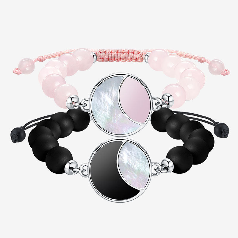 Mondschein-Glanz Touch-Armbänder mit Rosenquarz- und Schwarzer Onyx-Perlen