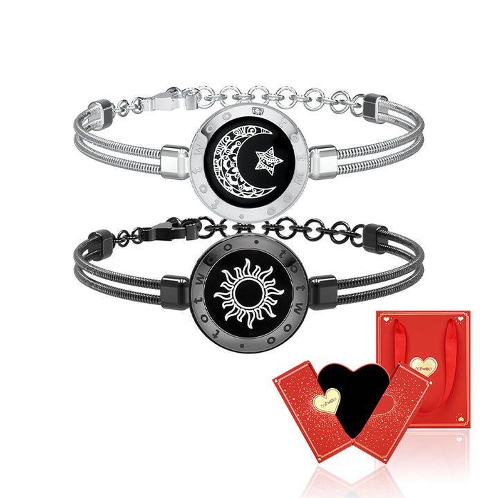 [Verbunden in Rot Geschenkverpackung] Sonne & Mond Touch-Armbänder mit Schlangenkette (Schwarz+Silber)