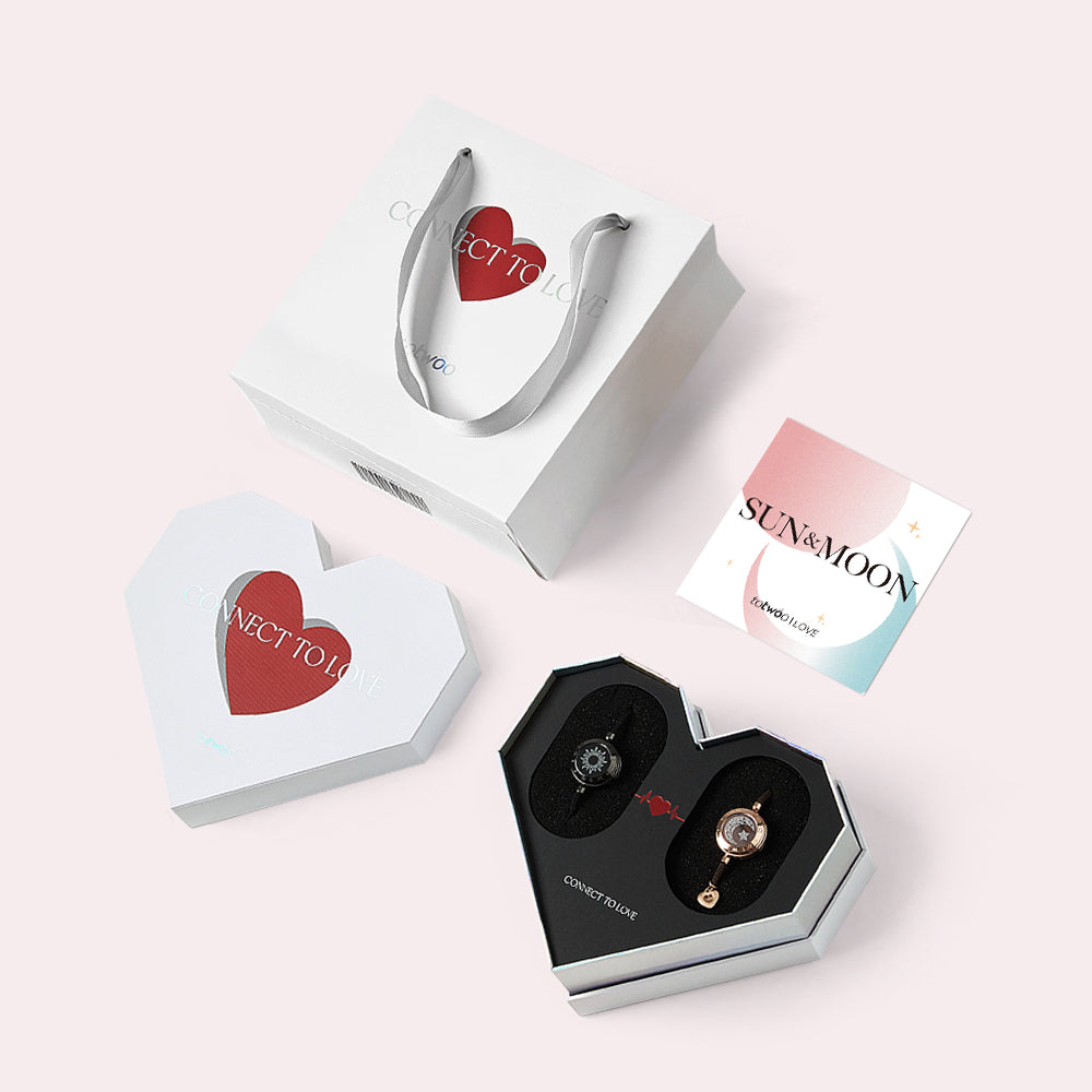 [Weiße Herz-Geschenkverpackung] Sonne & Mond Touch-Armbänder mit Schlangenkette (Schwarz+Roségold)