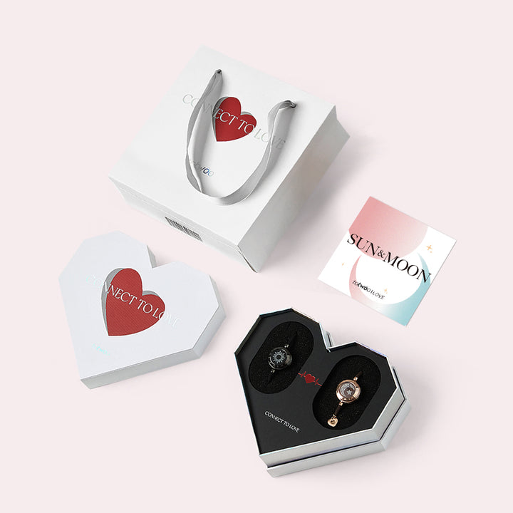 [Weiße Herz-Geschenkverpackung] Sonne & Mond Touch-Armbänder mit Schlangenkette (Schwarz+Roségold)