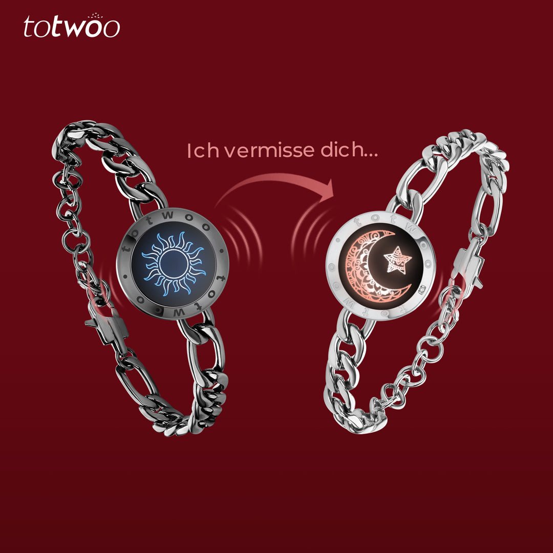 [GESCHENKPAKET] Sun&Moon Touch-Armbänder mit Figaro-Kette (Schwarz+Silber)