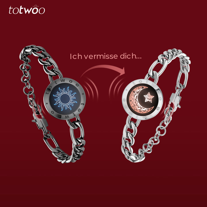 [GESCHENKPAKET] Sun&Moon Touch-Armbänder mit Figaro-Kette (Schwarz+Silber)