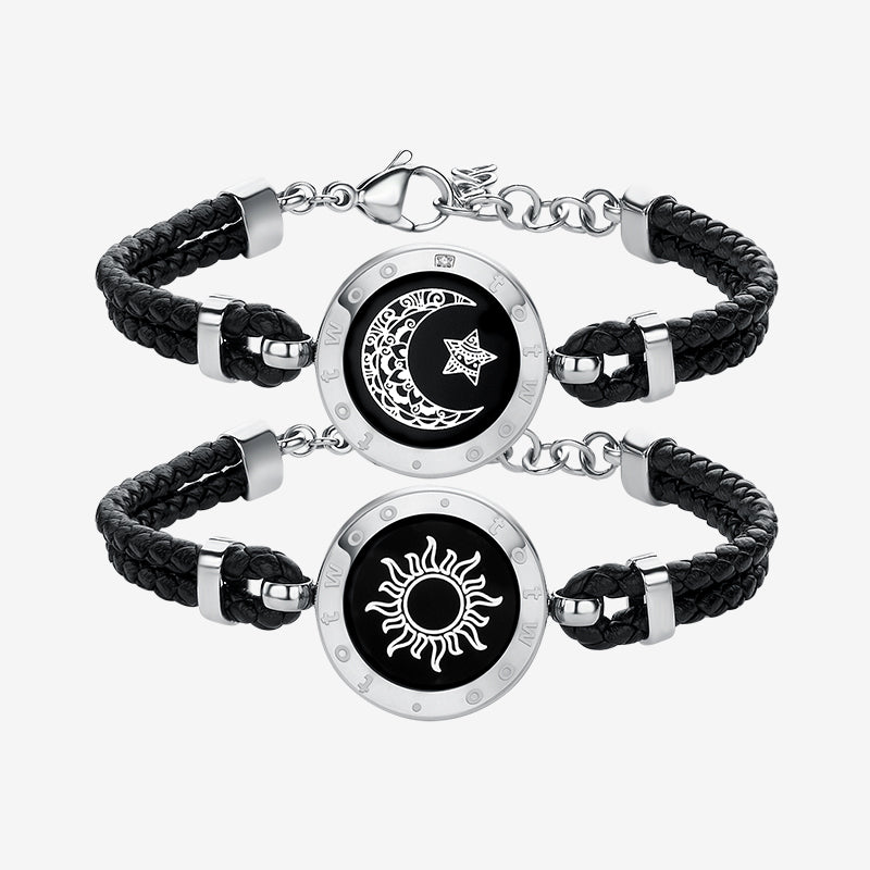 Sonne & Mond Serie - Touch Armbänder mit geflochtenem Lederseil (Schwarz+Schwarz)