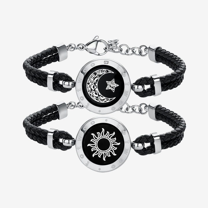 Sonne & Mond Serie - Touch Armbänder mit geflochtenem Lederseil (Schwarz+Schwarz)